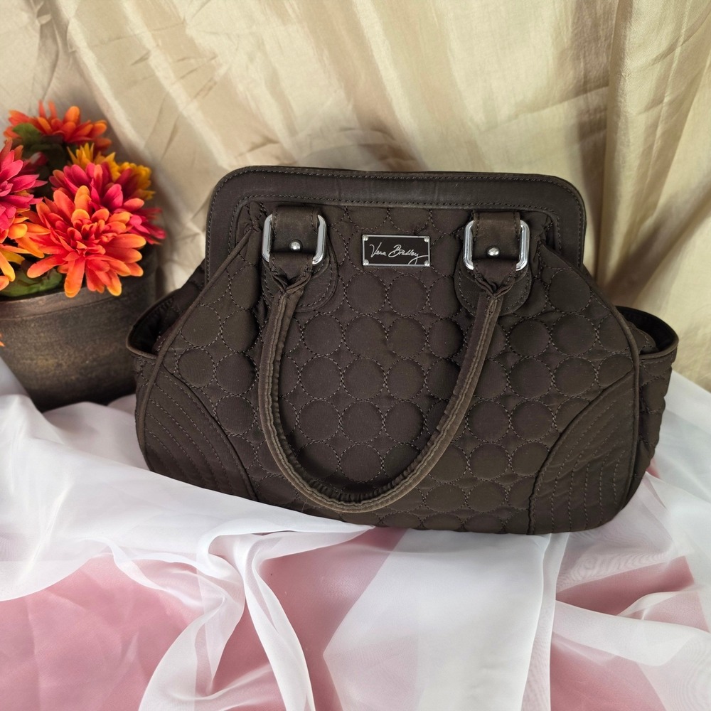 Vera Bradley Brown Quilted Microfiber Satchel Handbag Floral‎ Lining Frame Top